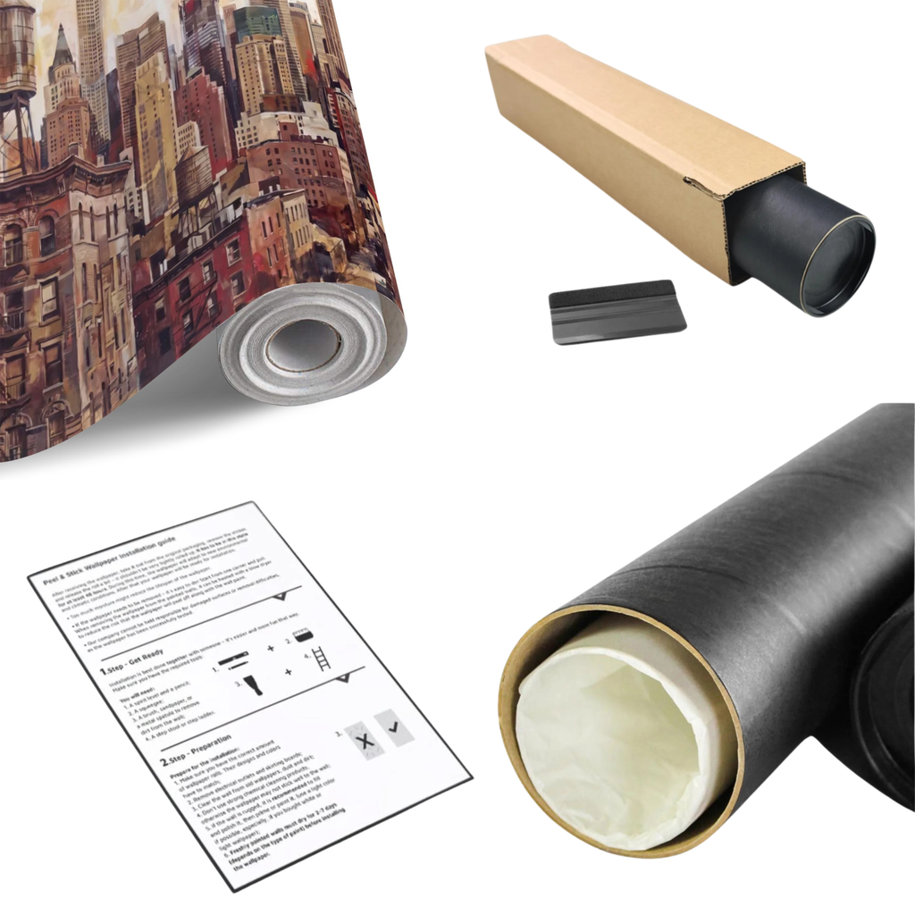 City skyline wall mural sample roll with instruction sheet and backing material