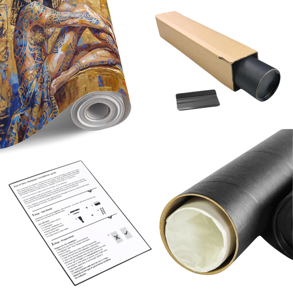 Wall mural roll with black tube and small tools, plus printed installation sheet