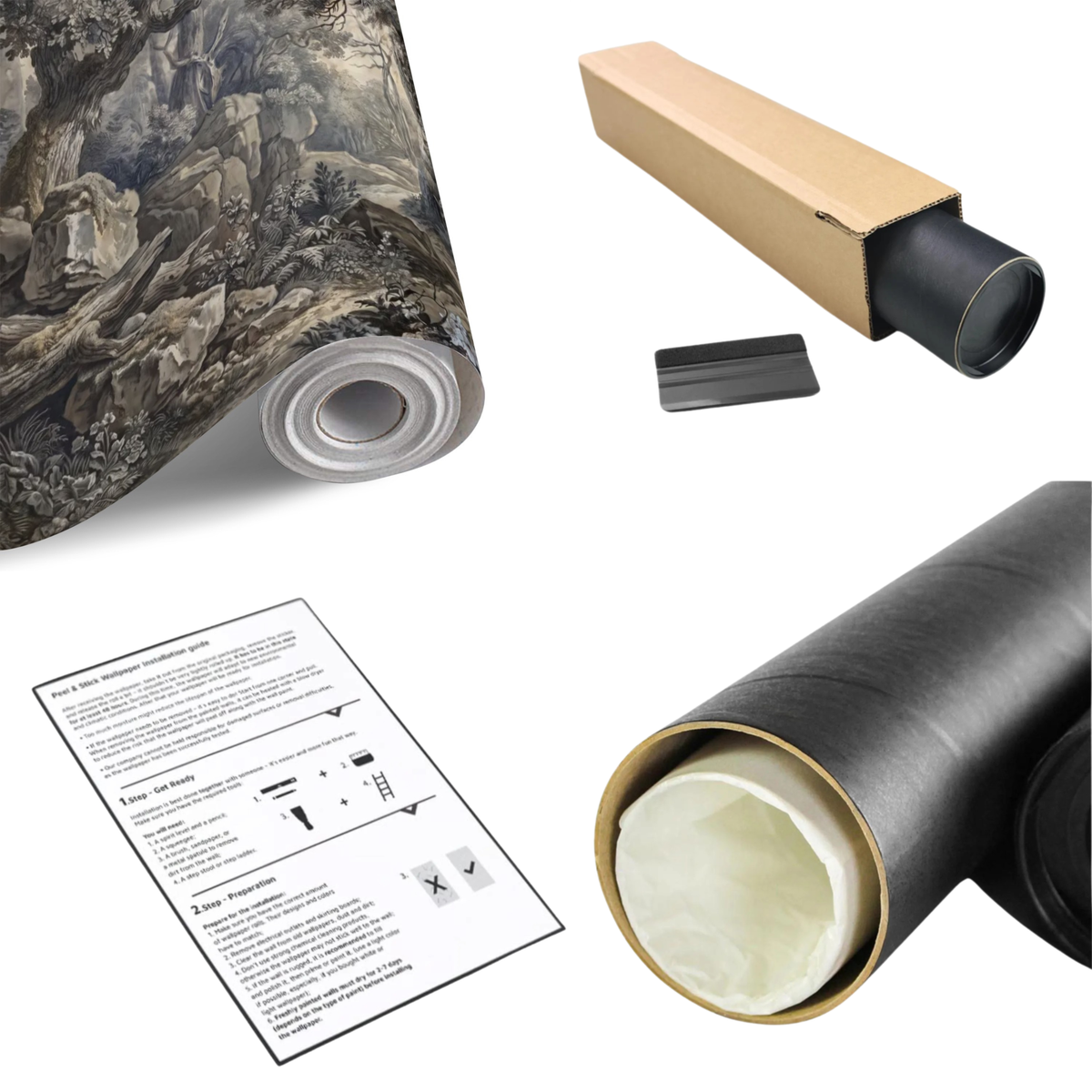 Rolled dark woodland wall mural print with backing and install sheet