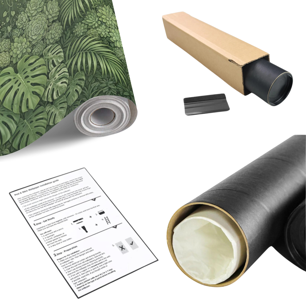Tropical leaf botanical wall mural roll on backing, dark green monstera succulents design