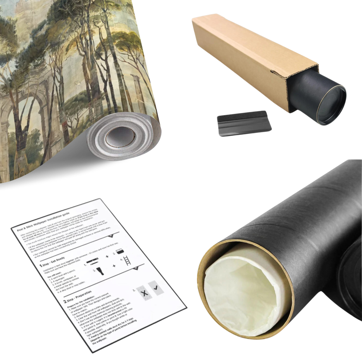 Wall mural roll and installation materials, printed antique landscape design