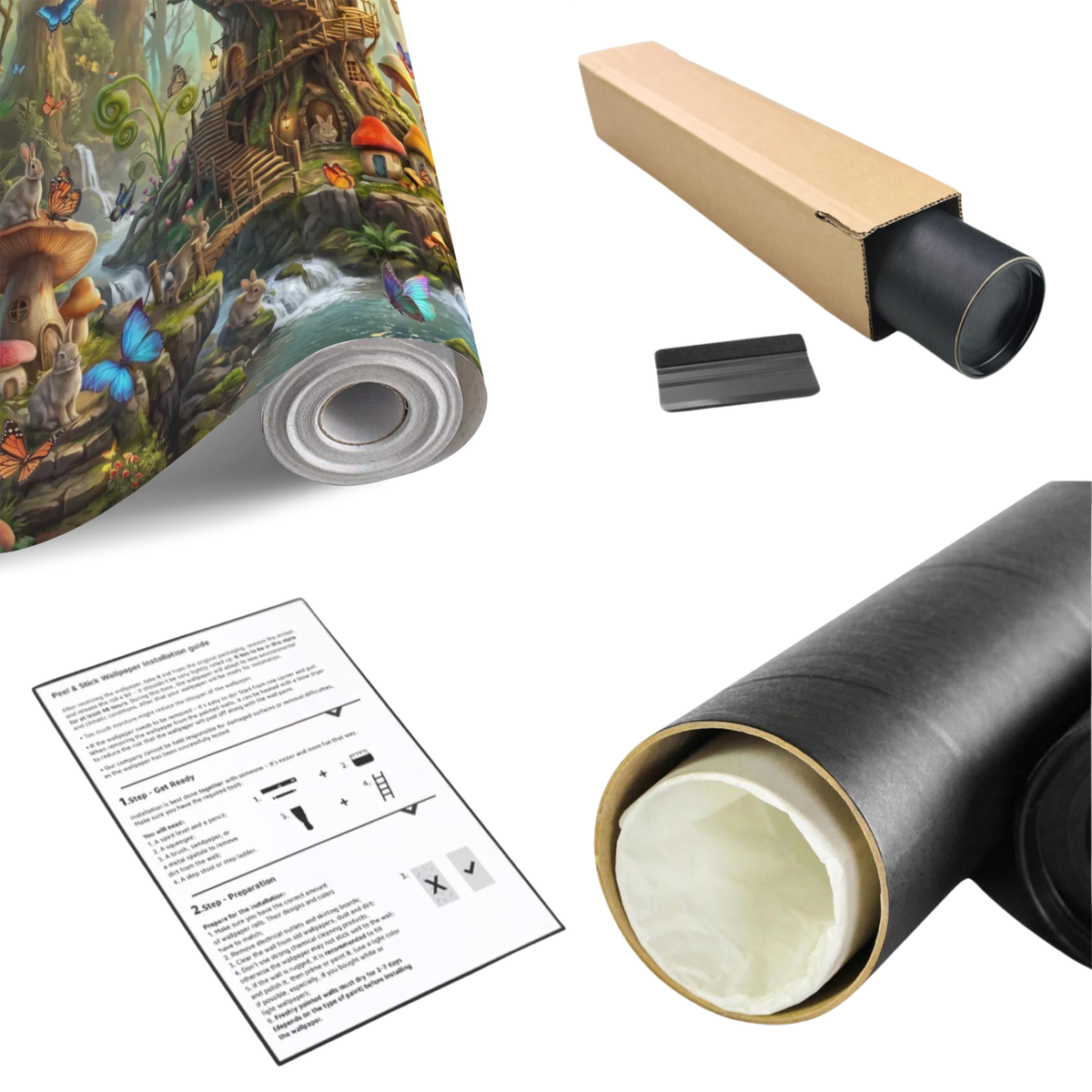 Rolled woodland fairy wall mural with instruction sheet and black adhesive backing tube