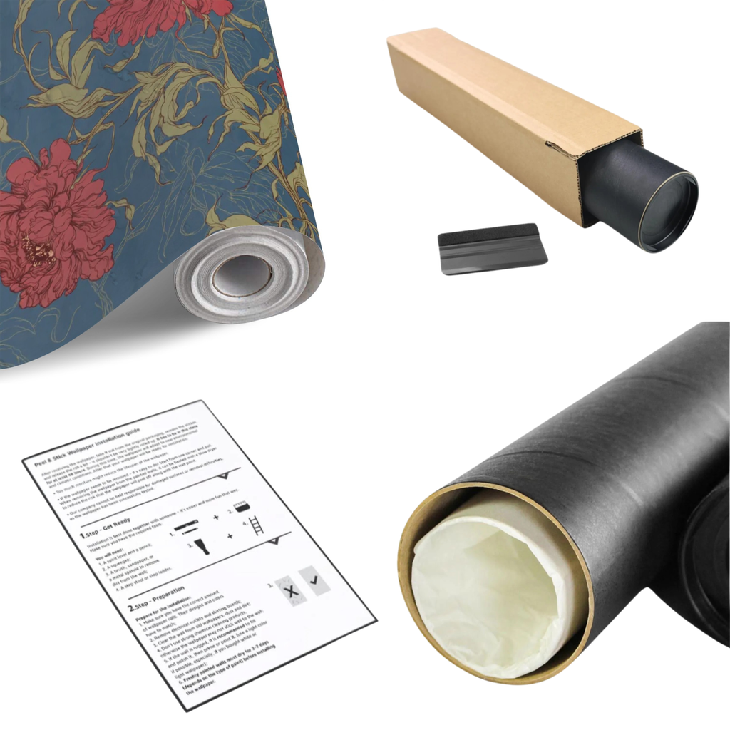 Rolls of deep blue floral wallpaper with red peony pattern and gold botanical line art.