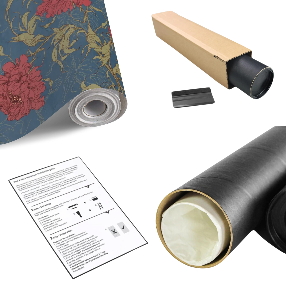 Rolls of deep blue floral wallpaper with red peony pattern and gold botanical line art.