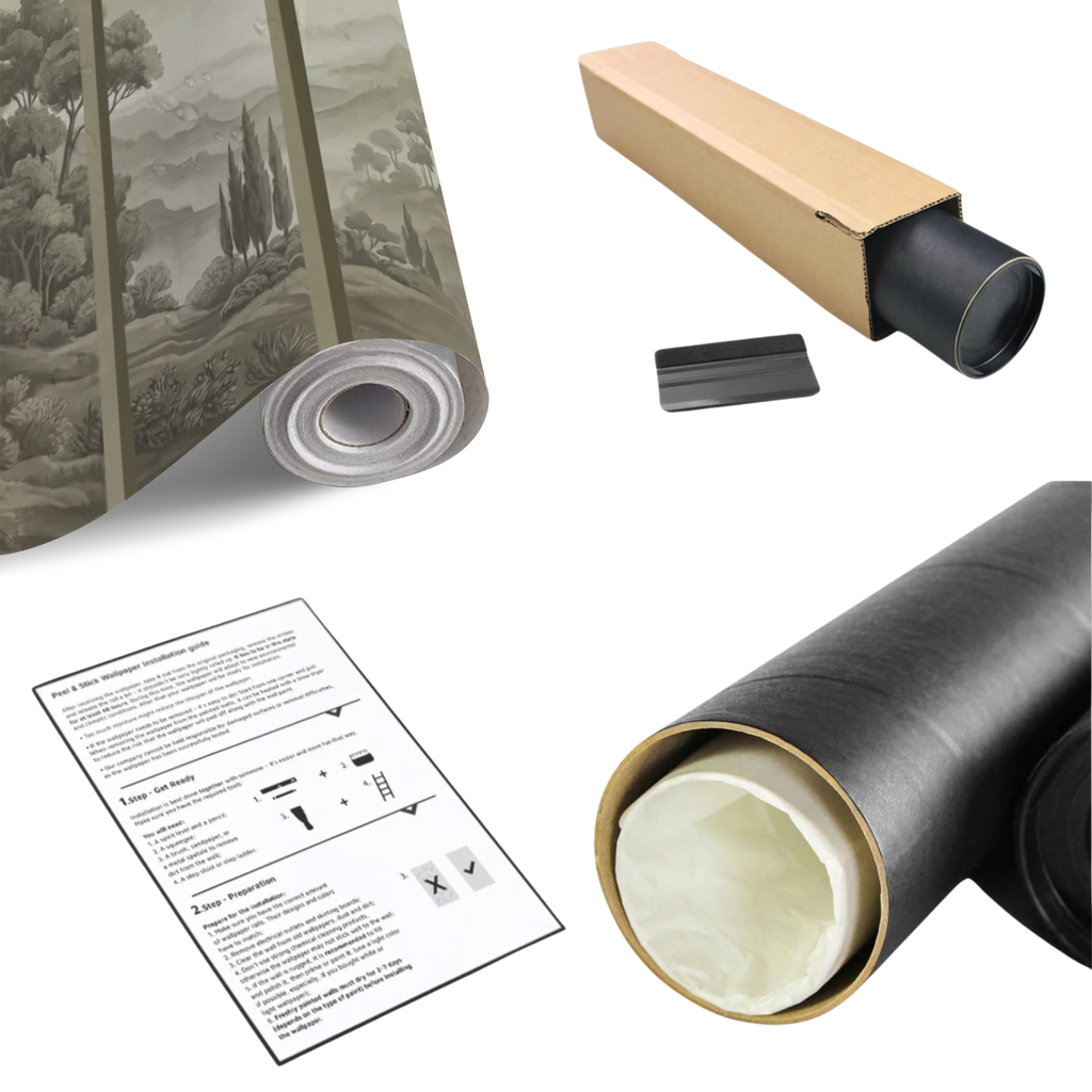 Vintage Mediterranean landscape mural roll with backing paper and install instructions