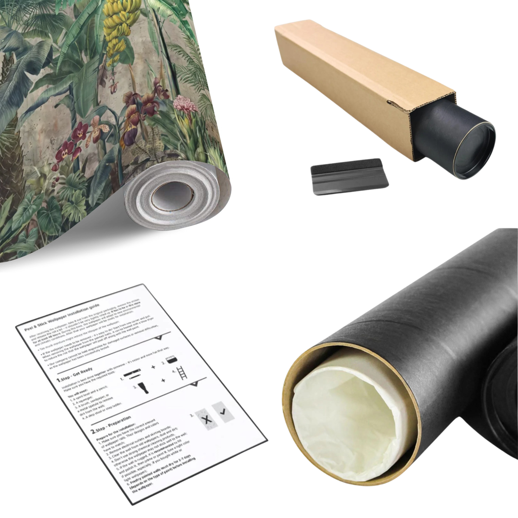 Tropical botanical wall mural roll with green banana leaves and orchid flowers