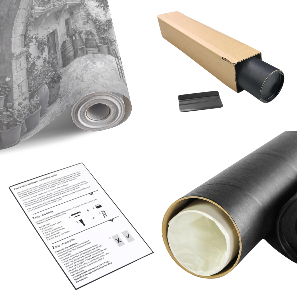 Roll of monochrome courtyard mural wallpaper with backing sheet and included instruction card