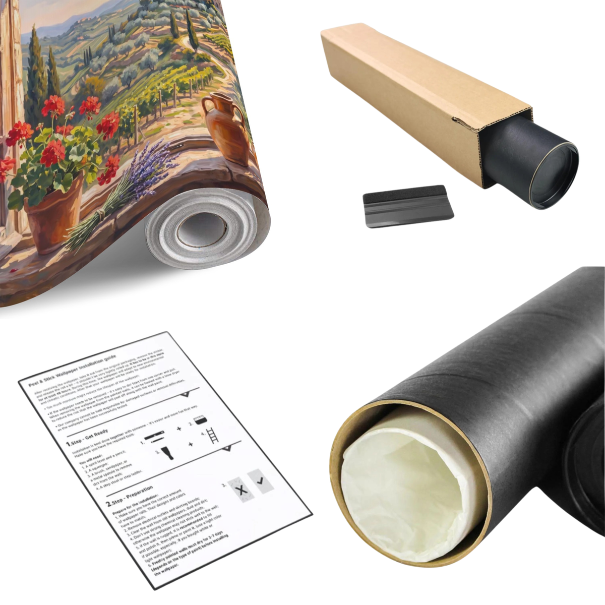 Window-view landscape wall mural print, rolled in packaging with tube and instructions