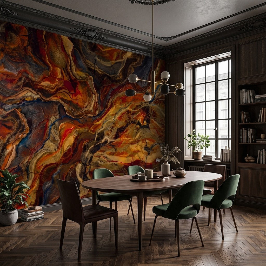 Swirling marbled wall mural in burnt orange, gold, cream, and dark blue with layered texture.