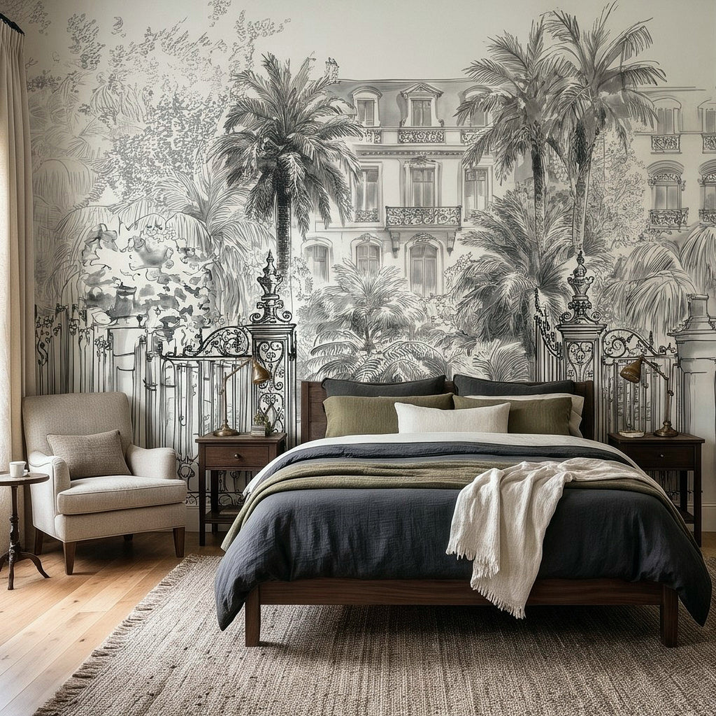 Black-and-white tropical wall mural with palm trees, villa architecture, and ornate iron gate