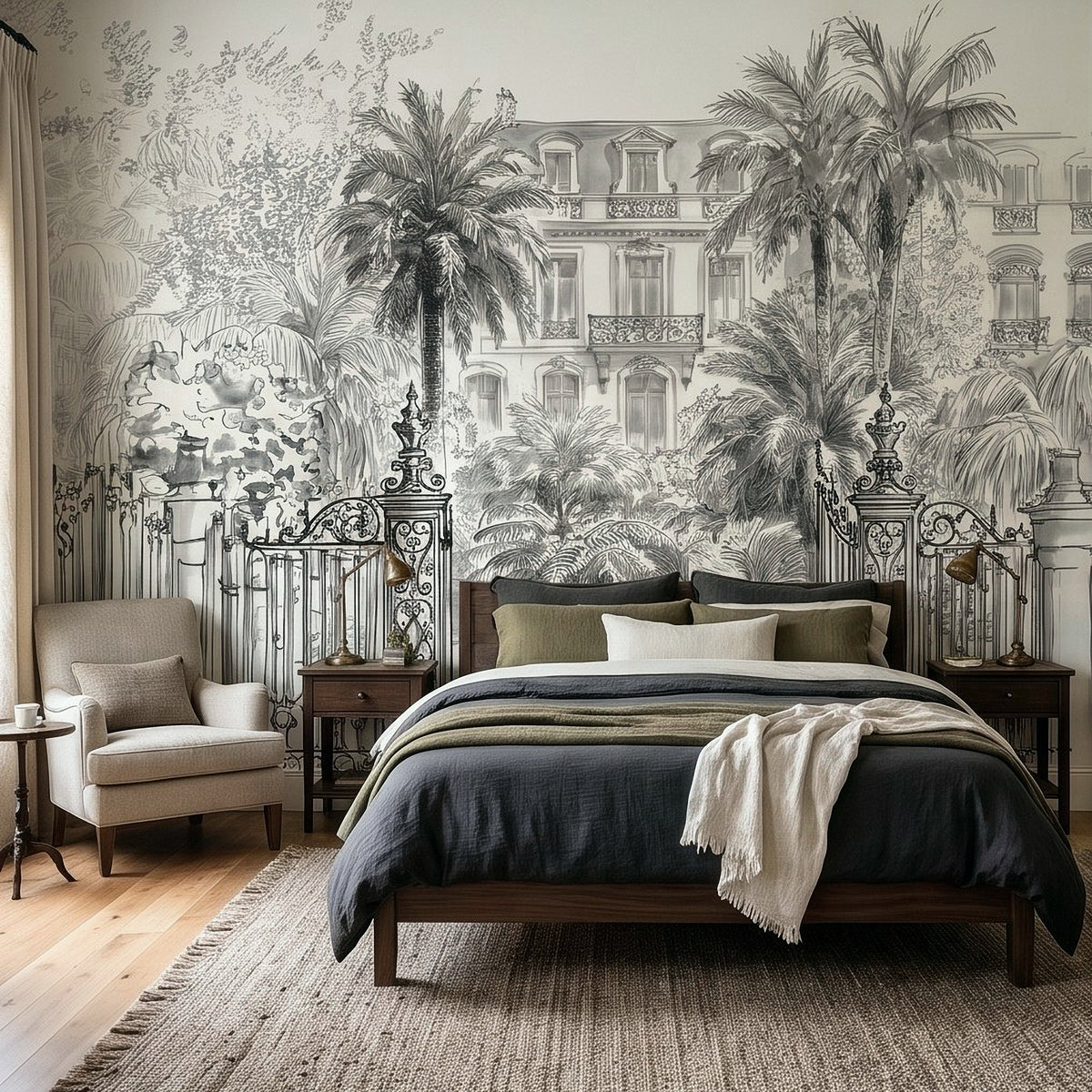 Black-and-white tropical wall mural with palm trees, villa architecture, and ornate iron gate