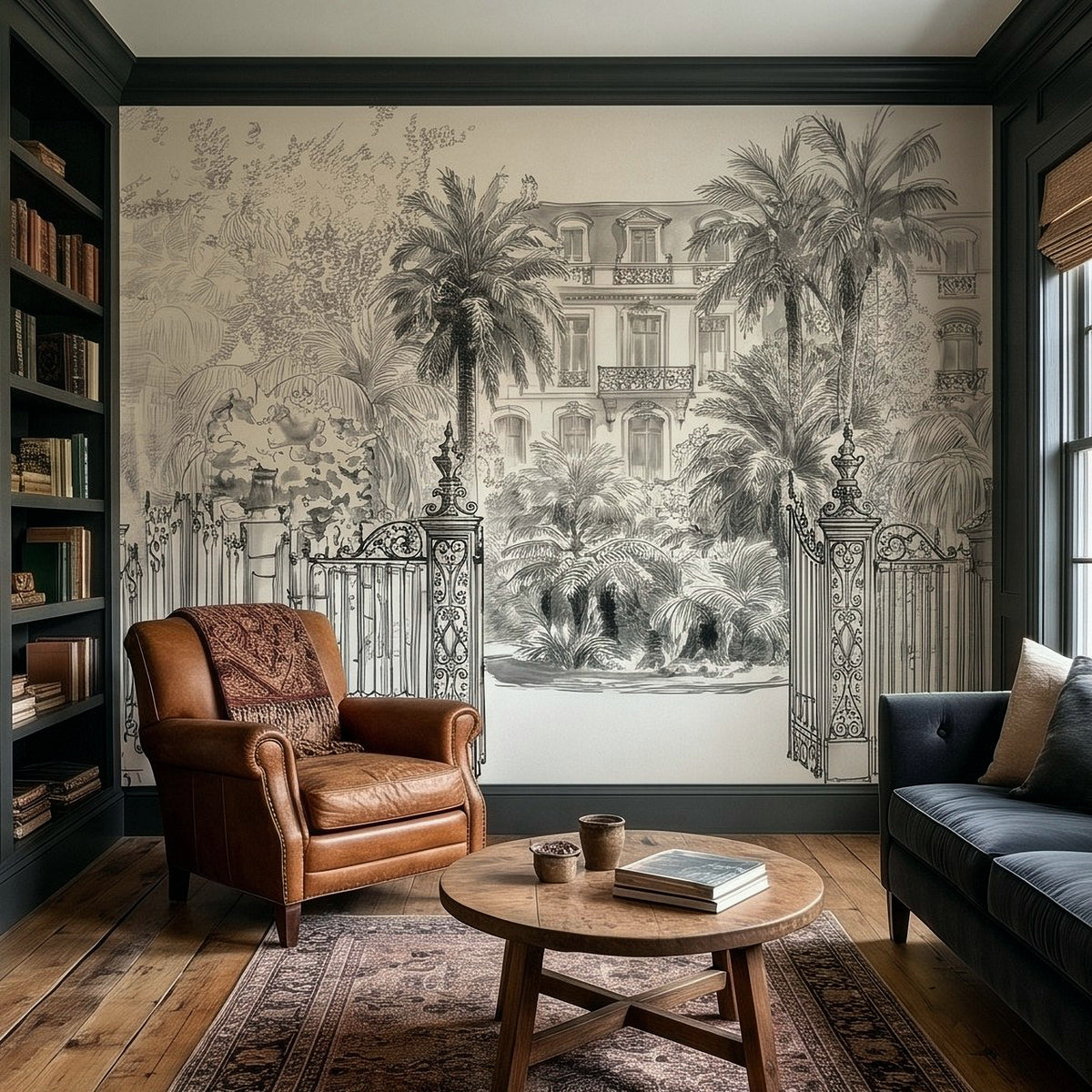 Black-and-white tropical wall mural with villa architecture, palm trees, and iron gate panels