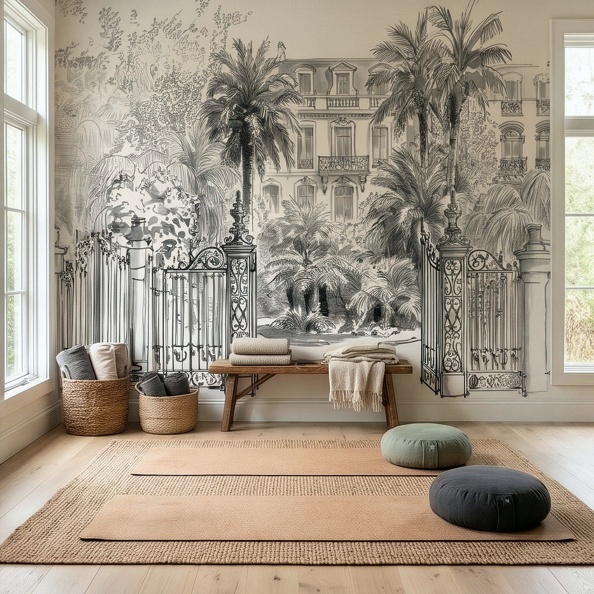 Black-and-white tropical wall mural featuring ornate gate pillars and layered palm tree art