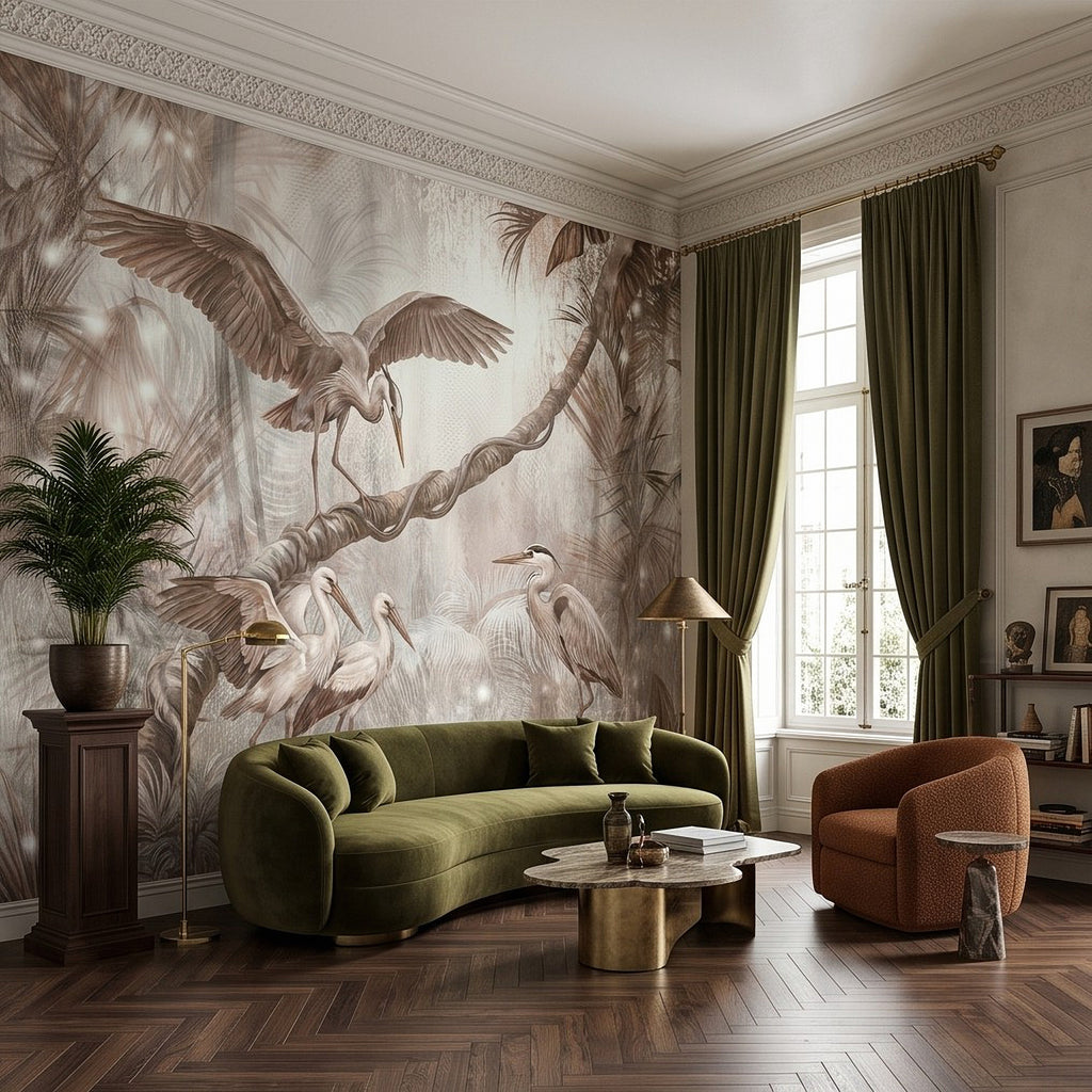 Bird-and-palm wall mural with herons and storks in vintage sepia, living room setting