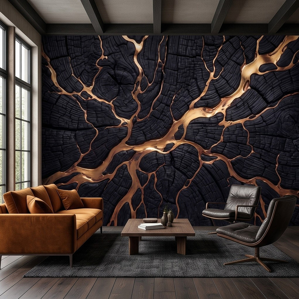 Black charred-wood wall mural with gold kintsugi crack lines and branching veins
