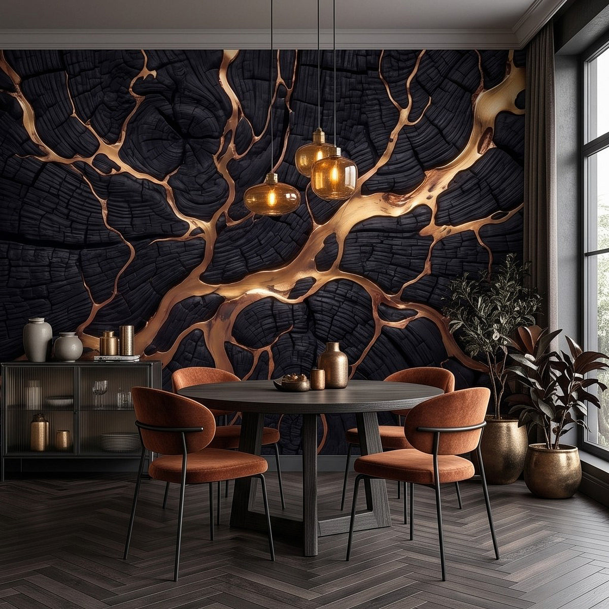 Black charred wood wall mural with gold crack veins behind dining table