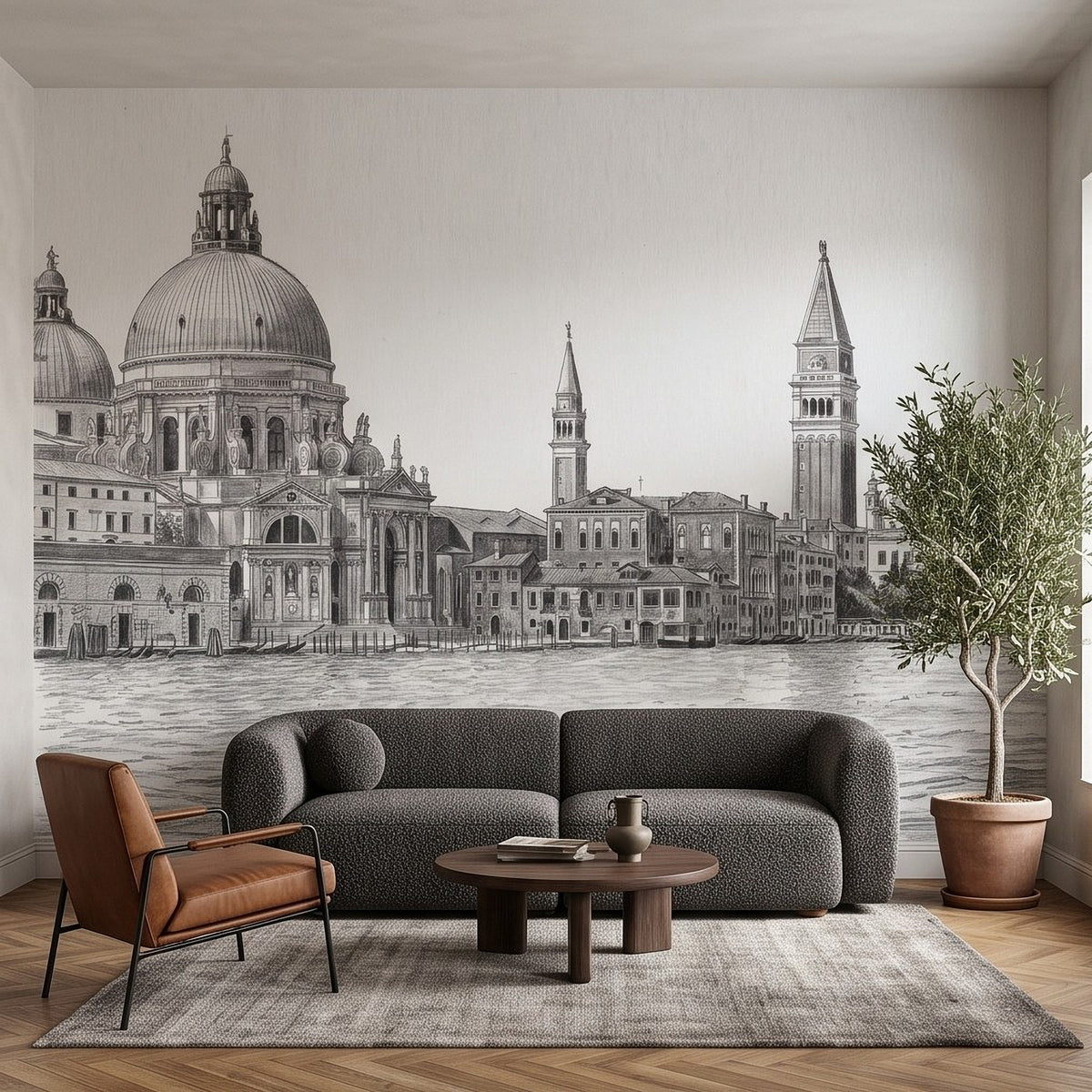 Venice Grand Canal Santa Maria della Salute Basilica Venetian Architecture Vintage Pencil Sketch Wall Mural