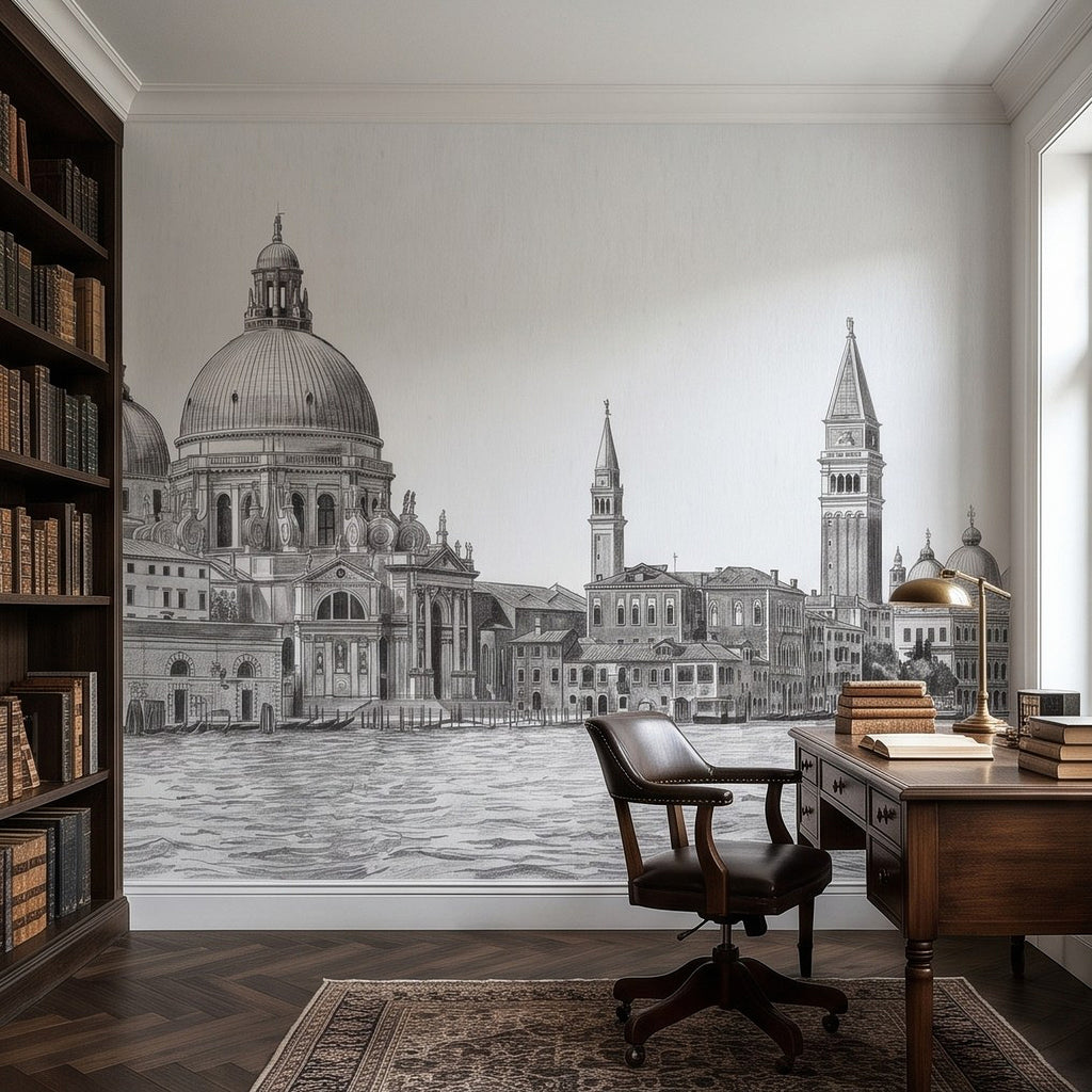 Venice Grand Canal Santa Maria della Salute Basilica Venetian Architecture Vintage Pencil Sketch Wall Mural