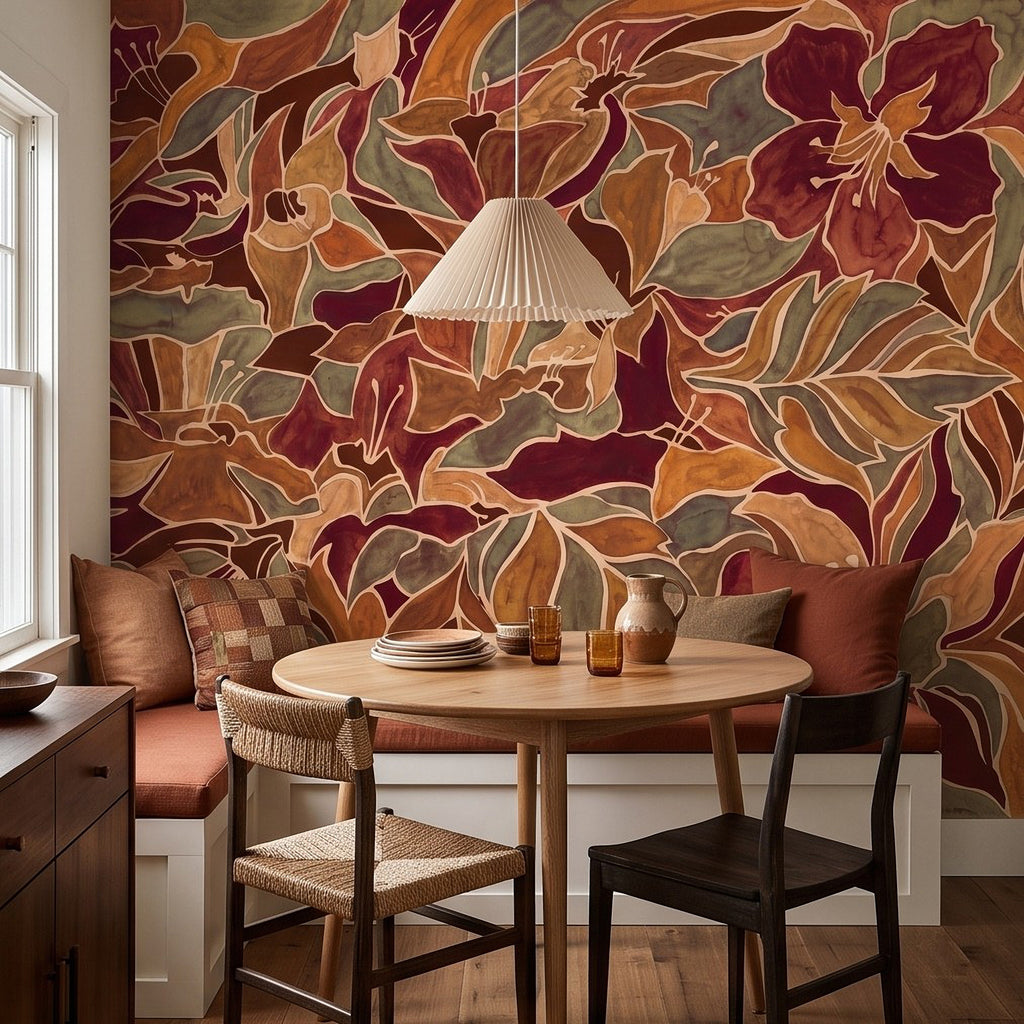 Burgundy Floral Abstract Autumn Flowers Olive Green Leaves Burnt Orange Terracotta Retro Botanical Wall Mural