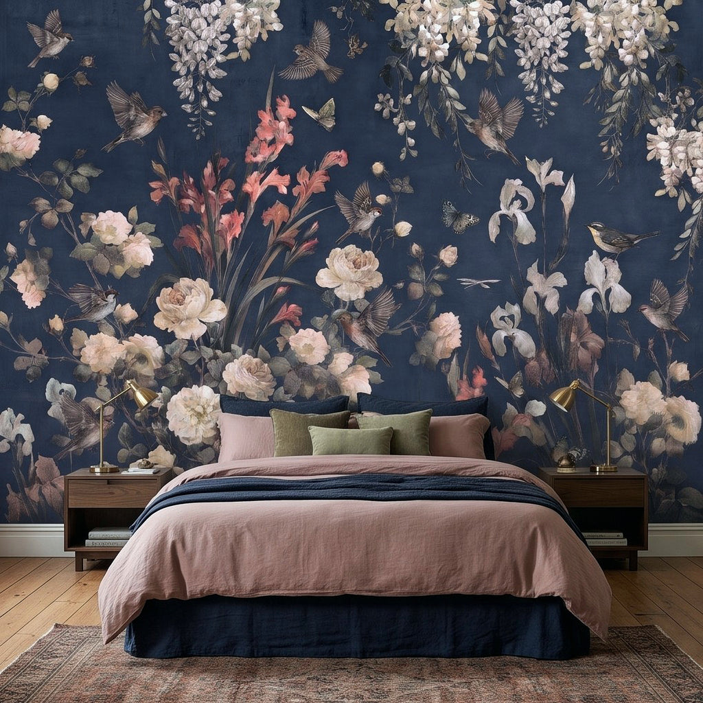 Navy Blue Floral Birds Vintage Chinoiserie White Roses Pink Flowers Flying Birds Butterflies Botanical Wall Mural