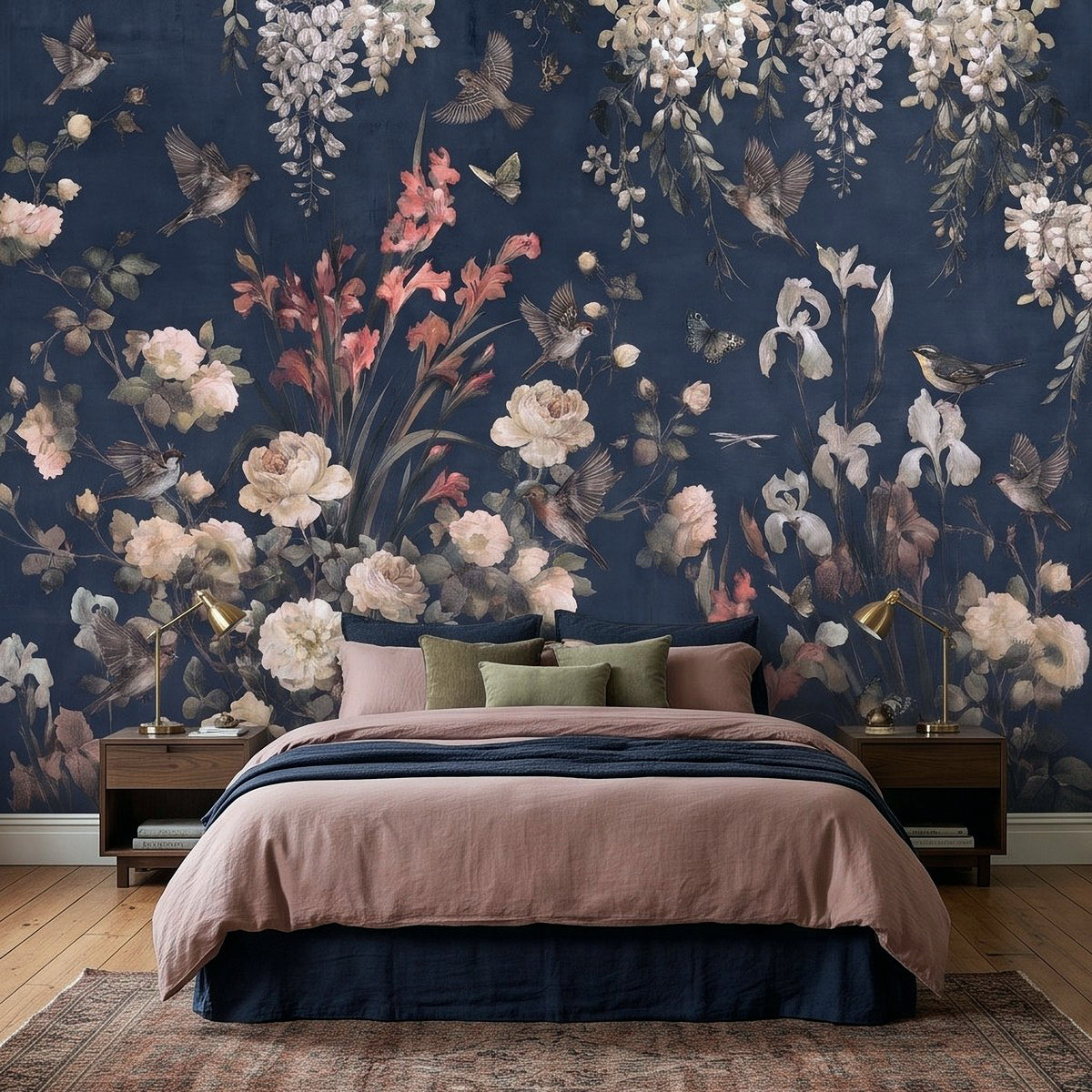 Navy Blue Floral Birds Vintage Chinoiserie White Roses Pink Flowers Flying Birds Butterflies Botanical Wall Mural
