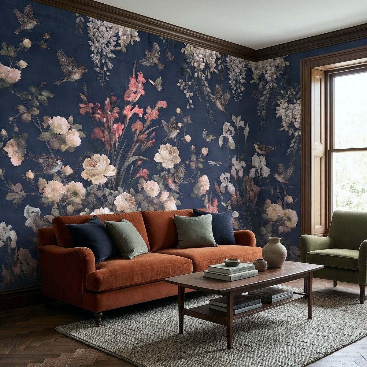 Navy Blue Floral Birds Vintage Chinoiserie White Roses Pink Flowers Flying Birds Butterflies Botanical Wall Mural