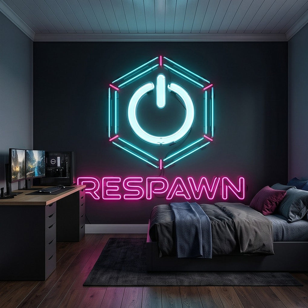 Cyan hexagon power icon and pink 'RESPAWN' neon gaming wall mural above bed