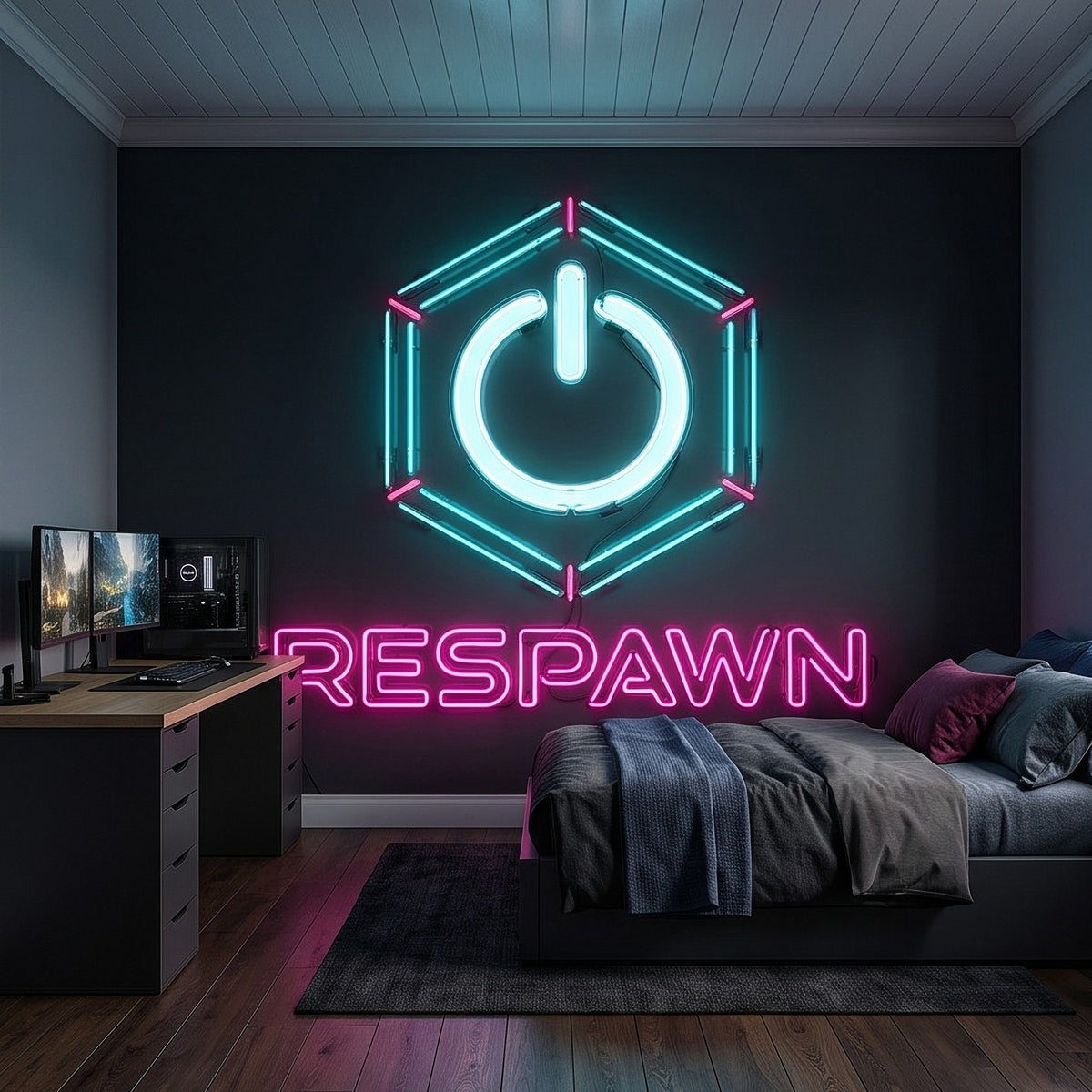 Cyan hexagon power icon and pink 'RESPAWN' neon gaming wall mural above bed
