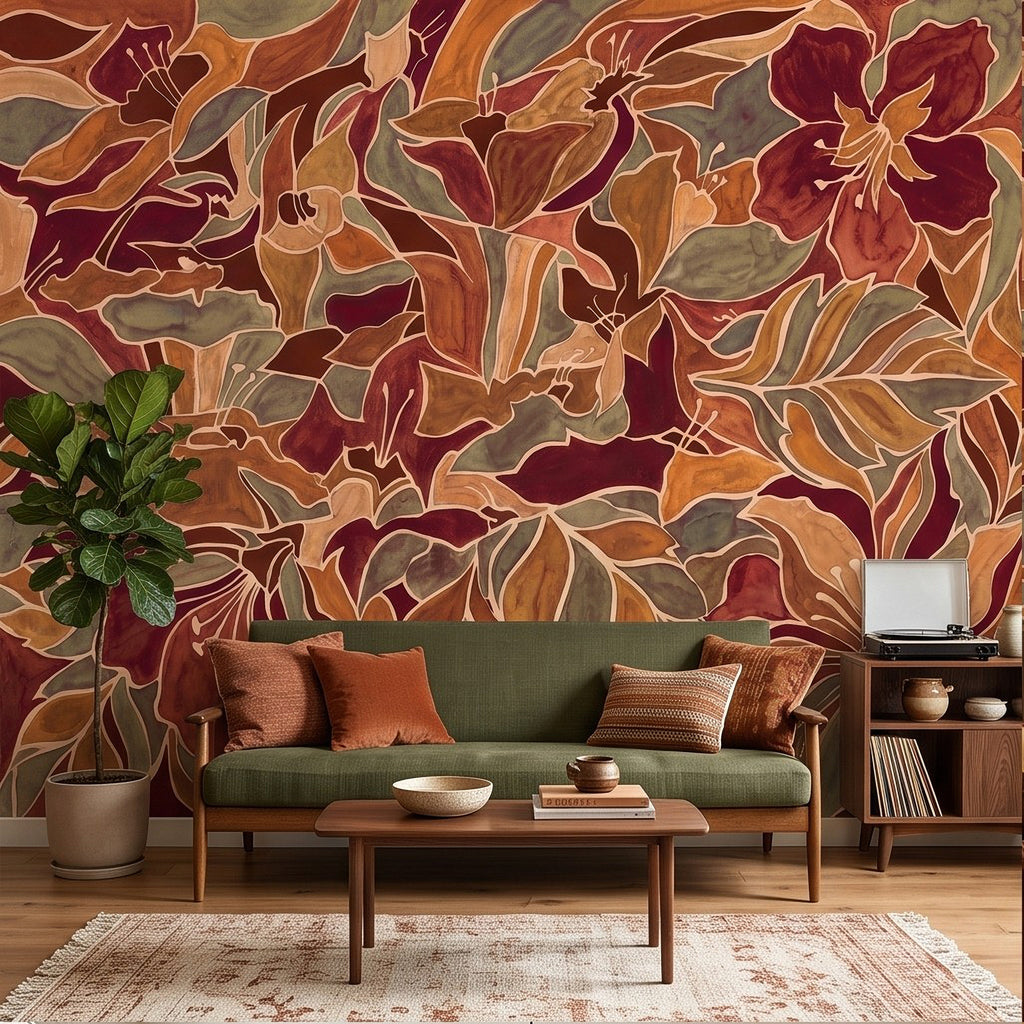 Burgundy Floral Abstract Autumn Flowers Olive Green Leaves Burnt Orange Terracotta Retro Botanical Wall Mural