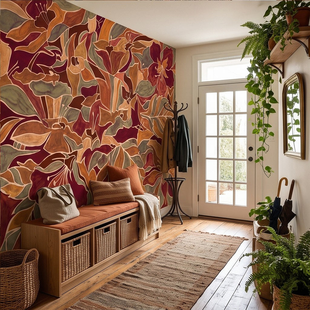 Burgundy Floral Abstract Autumn Flowers Olive Green Leaves Burnt Orange Terracotta Retro Botanical Wall Mural