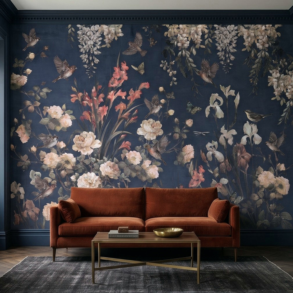Navy Blue Floral Birds Vintage Chinoiserie White Roses Pink Flowers Flying Birds Butterflies Botanical Wall Mural