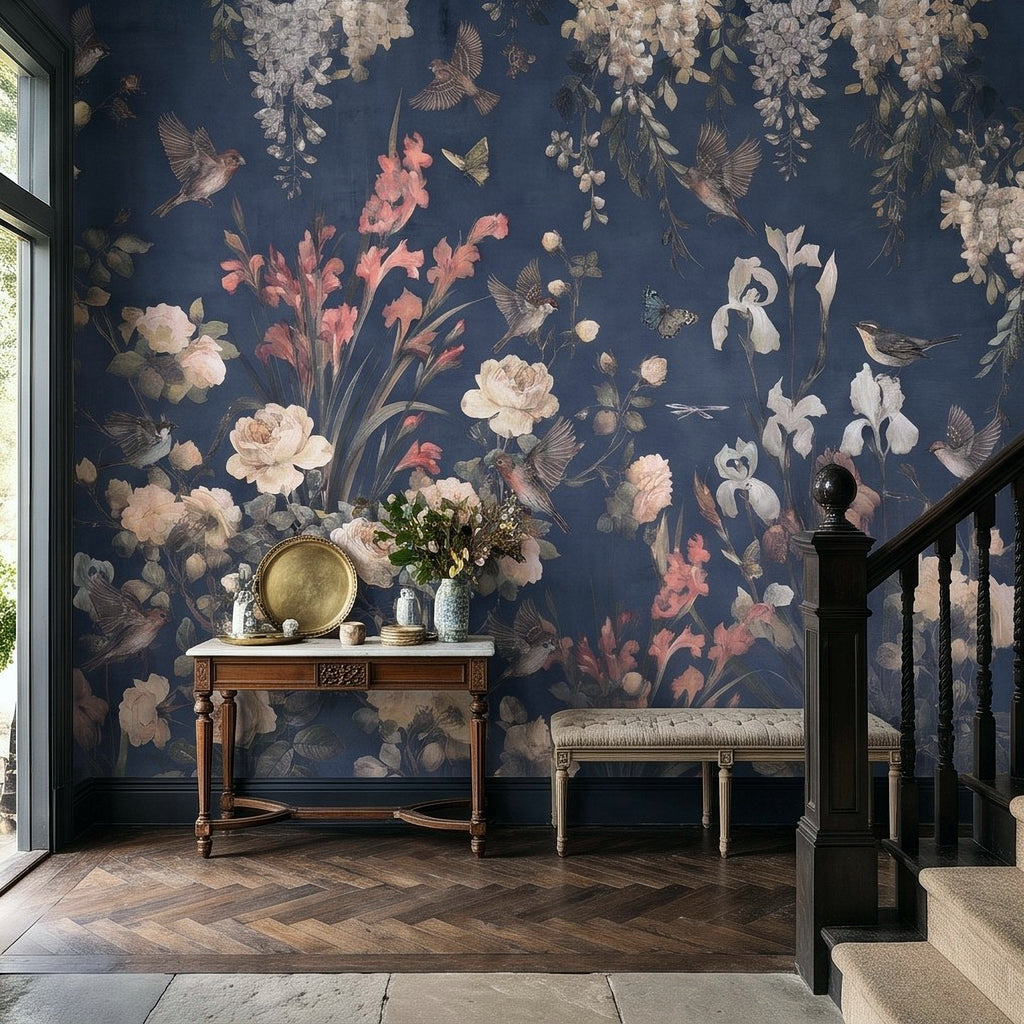 Navy Blue Floral Birds Vintage Chinoiserie White Roses Pink Flowers Flying Birds Butterflies Botanical Wall Mural