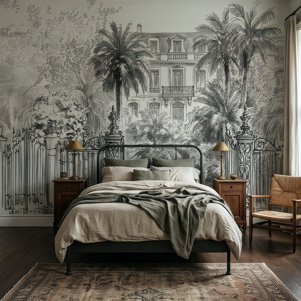 Black-and-white tropical wall mural with palm trees, villa facade, and decorative gate railing