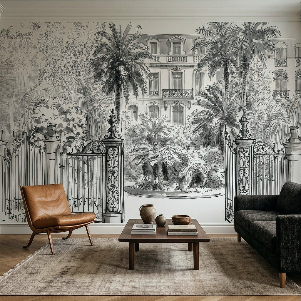 Black-and-white tropical wall mural with iron gate fences and dense palm foliage sketches