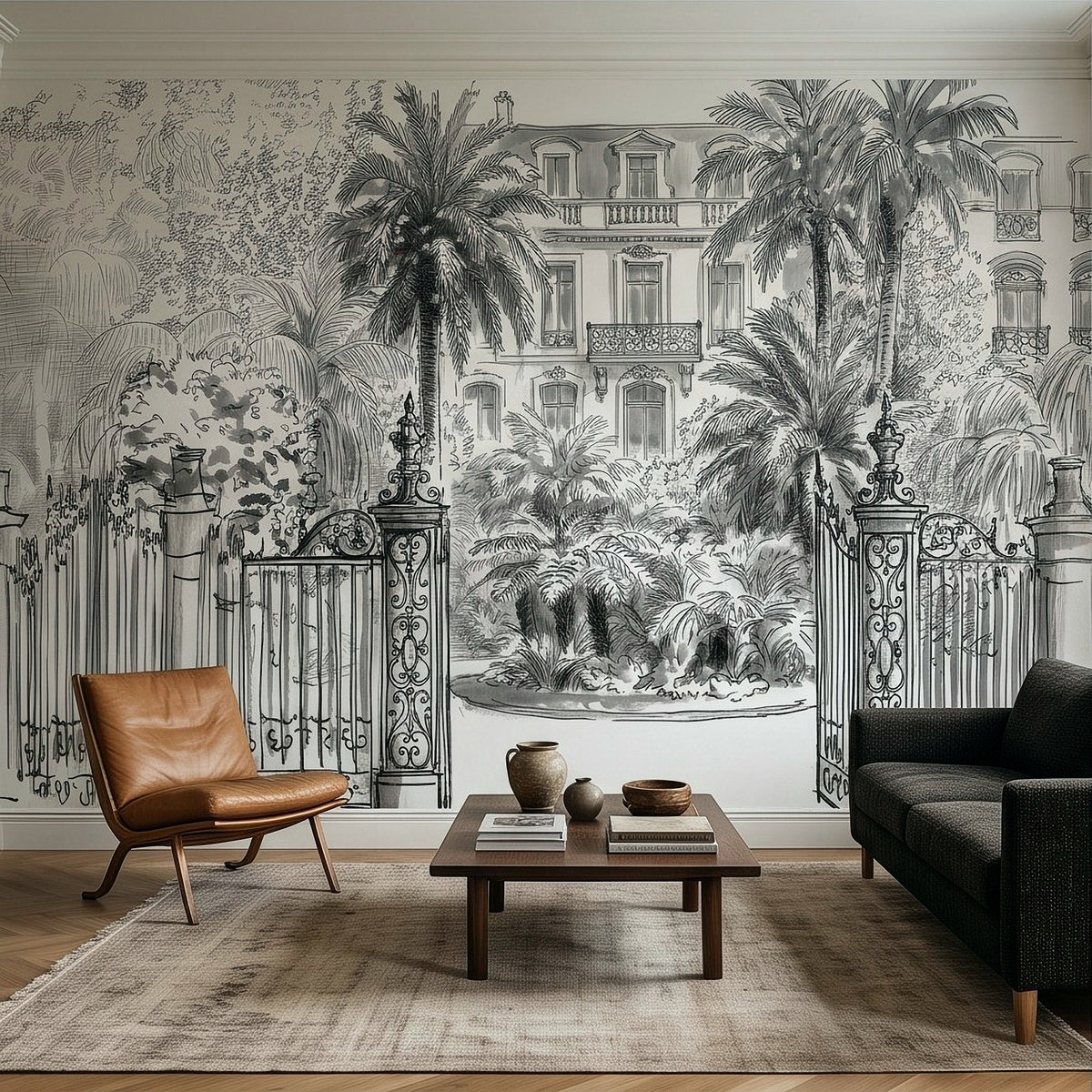 Black-and-white tropical wall mural with iron gate fences and dense palm foliage sketches