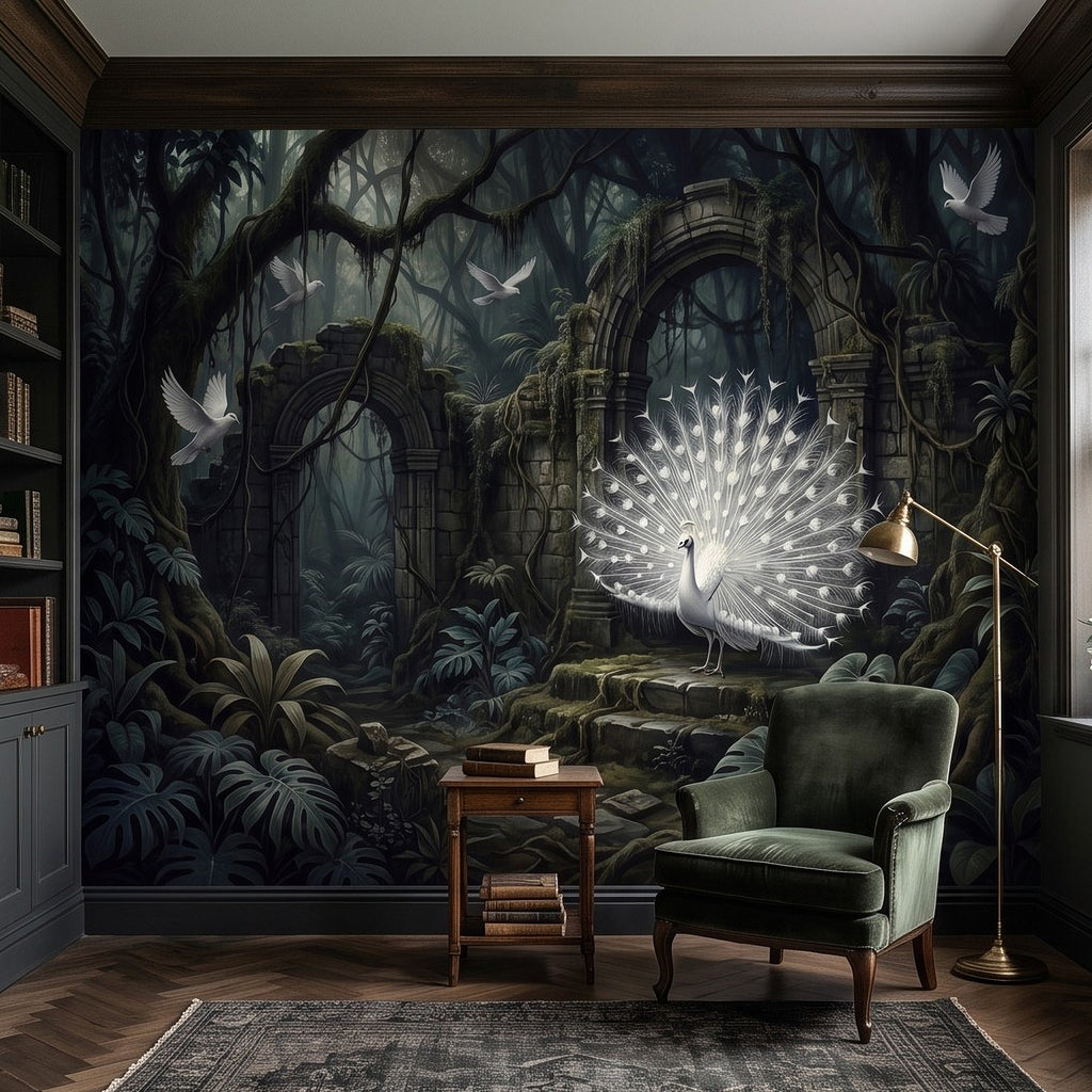 Living room wall mural with glowing peacock fan, ruins arches, and white birds