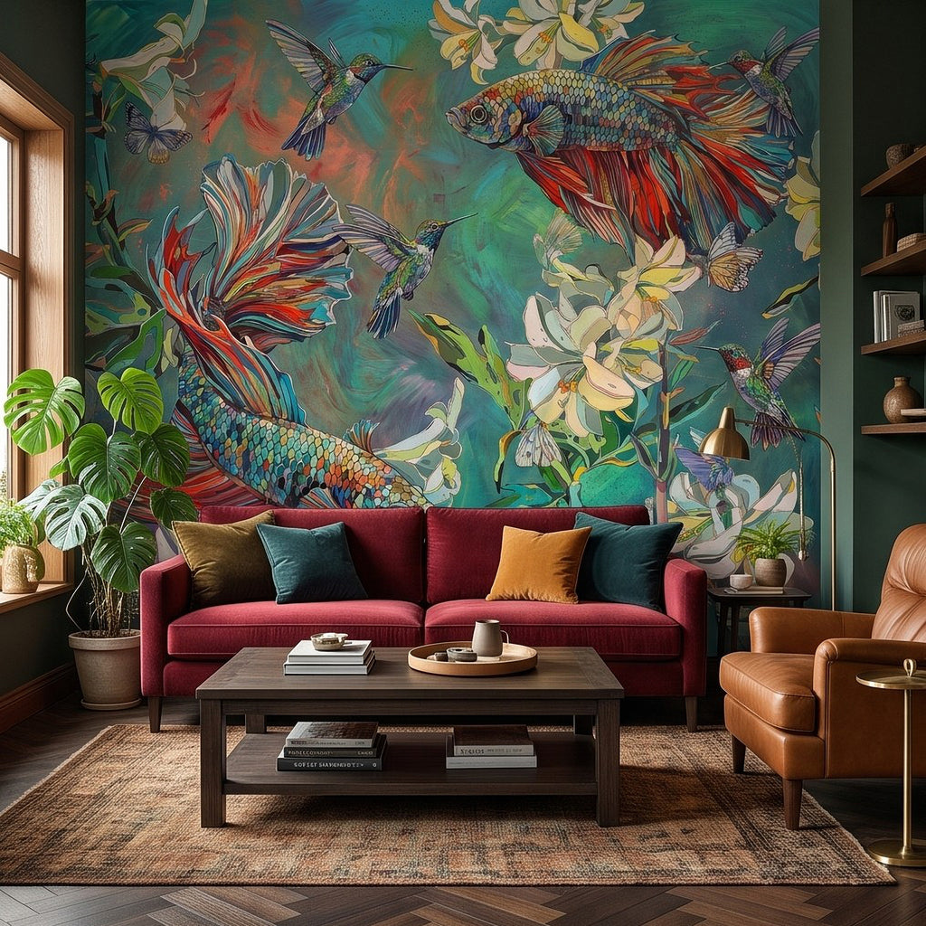 Tropical botanical wall mural with colorful fish, hummingbirds, butterflies, and blossoms