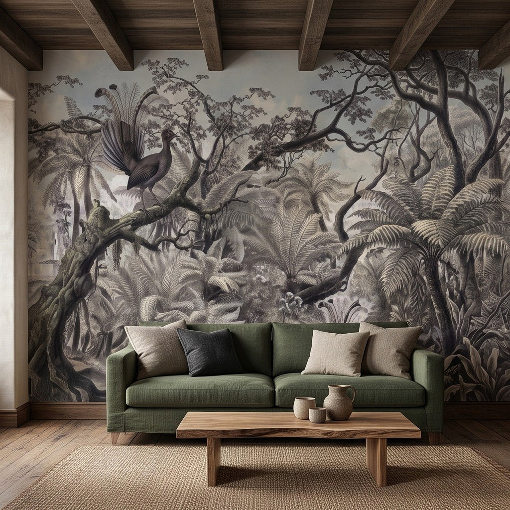 Jungle rainforest wall mural with engraved birds perched on a leafy branch