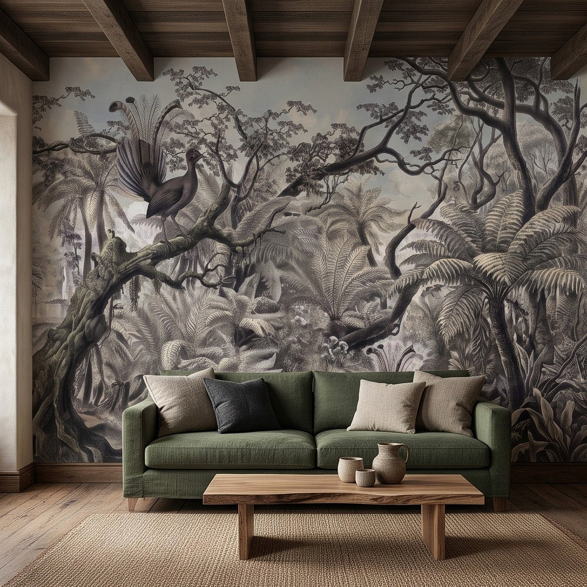 Jungle rainforest wall mural with engraved birds perched on a leafy branch
