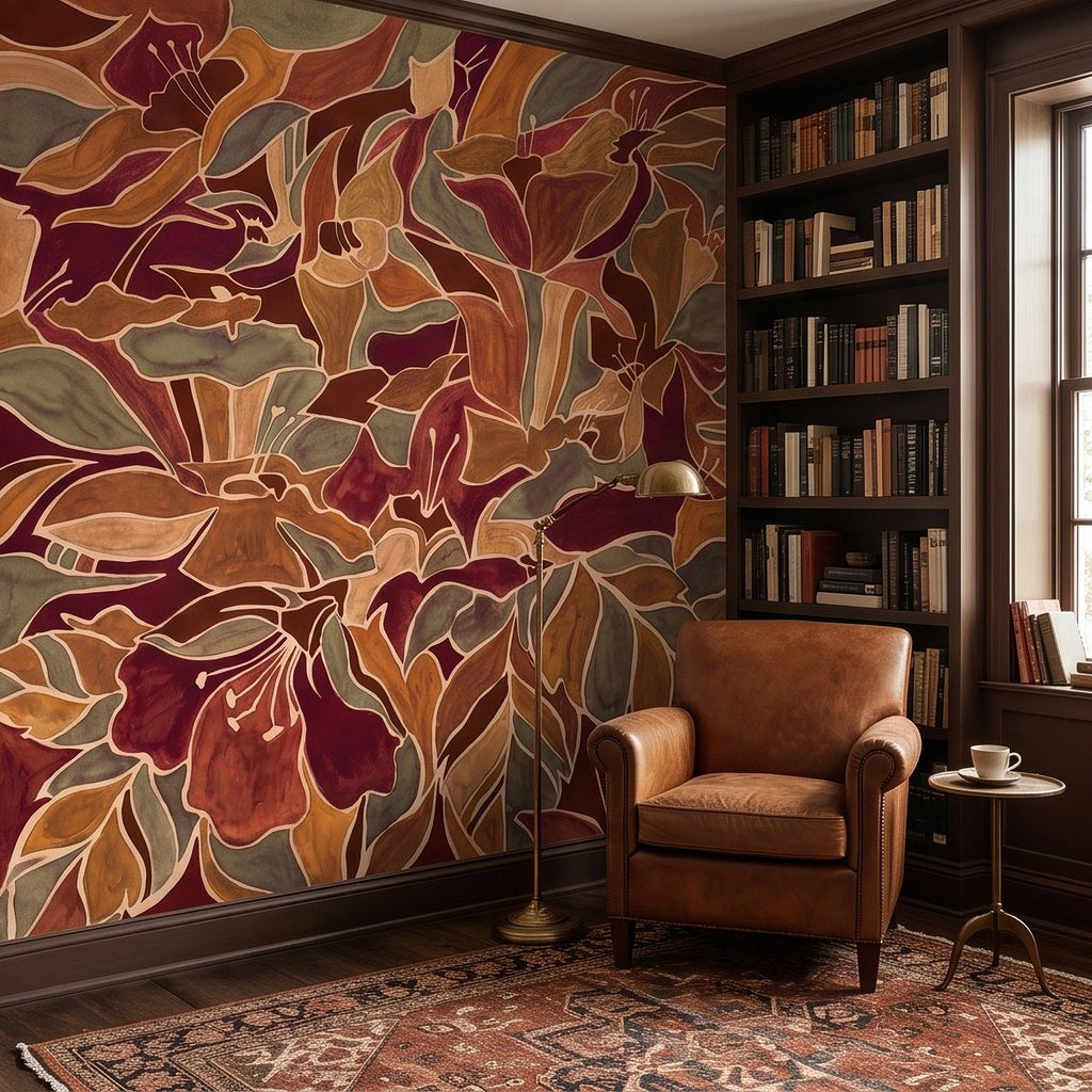 Burgundy Floral Abstract Autumn Flowers Olive Green Leaves Burnt Orange Terracotta Retro Botanical Wall Mural