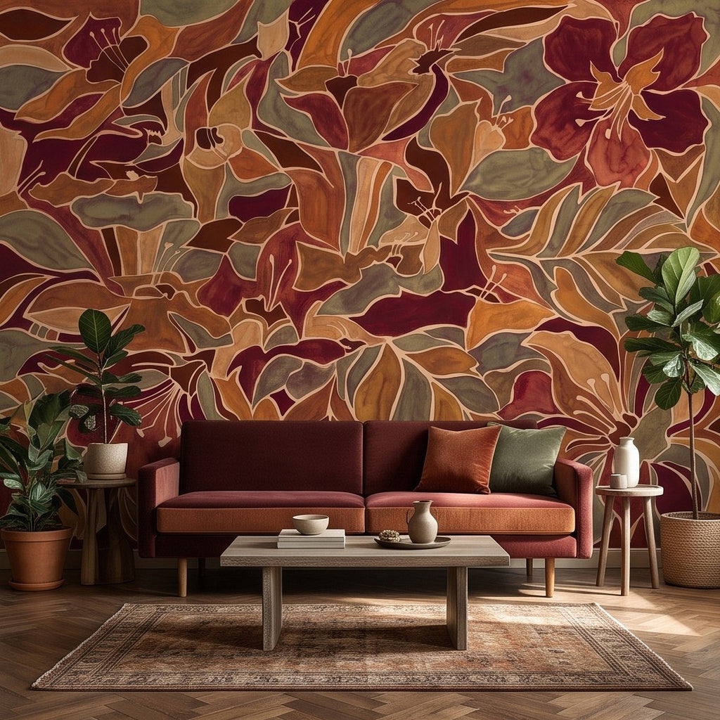 Burgundy Floral Abstract Autumn Flowers Olive Green Leaves Burnt Orange Terracotta Retro Botanical Wall Mural