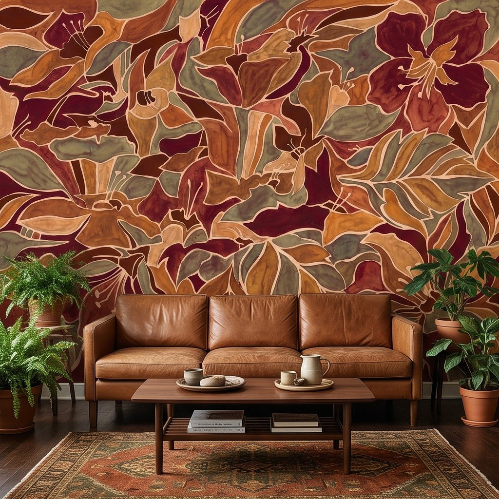 Burgundy Floral Abstract Autumn Flowers Olive Green Leaves Burnt Orange Terracotta Retro Botanical Wall Mural