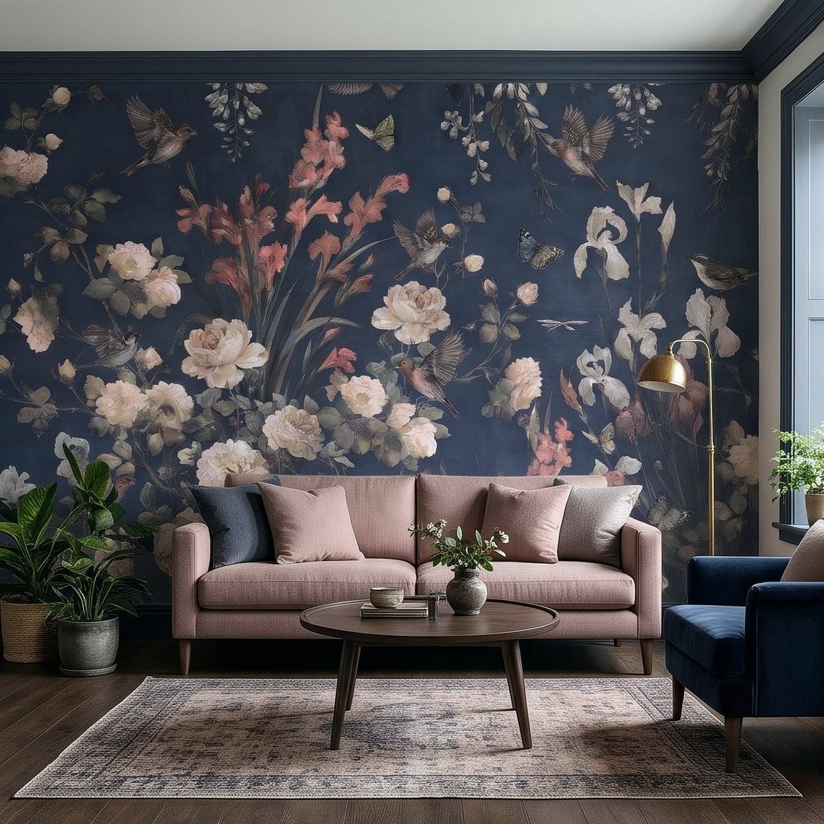 Navy Blue Floral Birds Vintage Chinoiserie White Roses Pink Flowers Flying Birds Butterflies Botanical Wall Mural