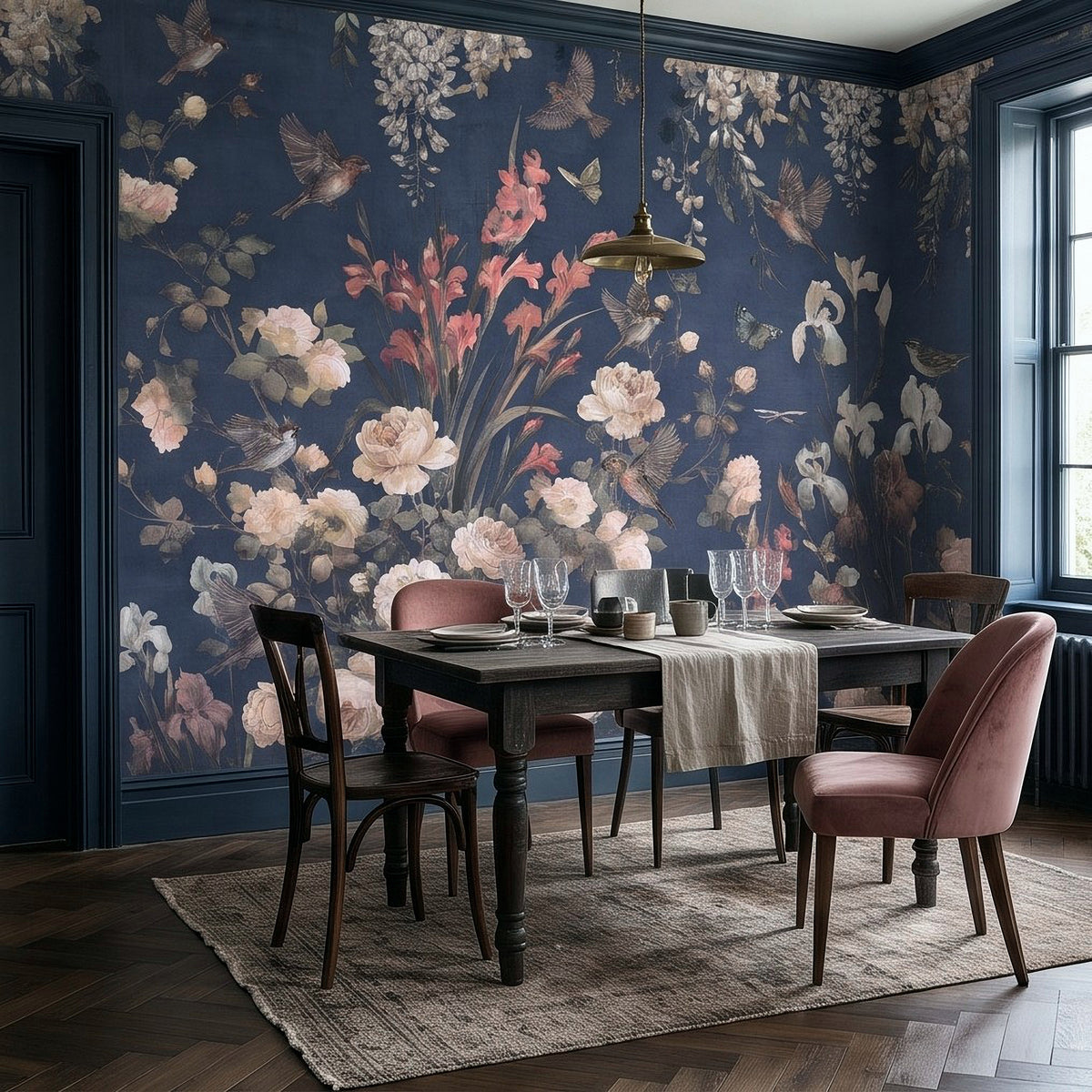 Navy Blue Floral Birds Vintage Chinoiserie White Roses Pink Flowers Flying Birds Butterflies Botanical Wall Mural