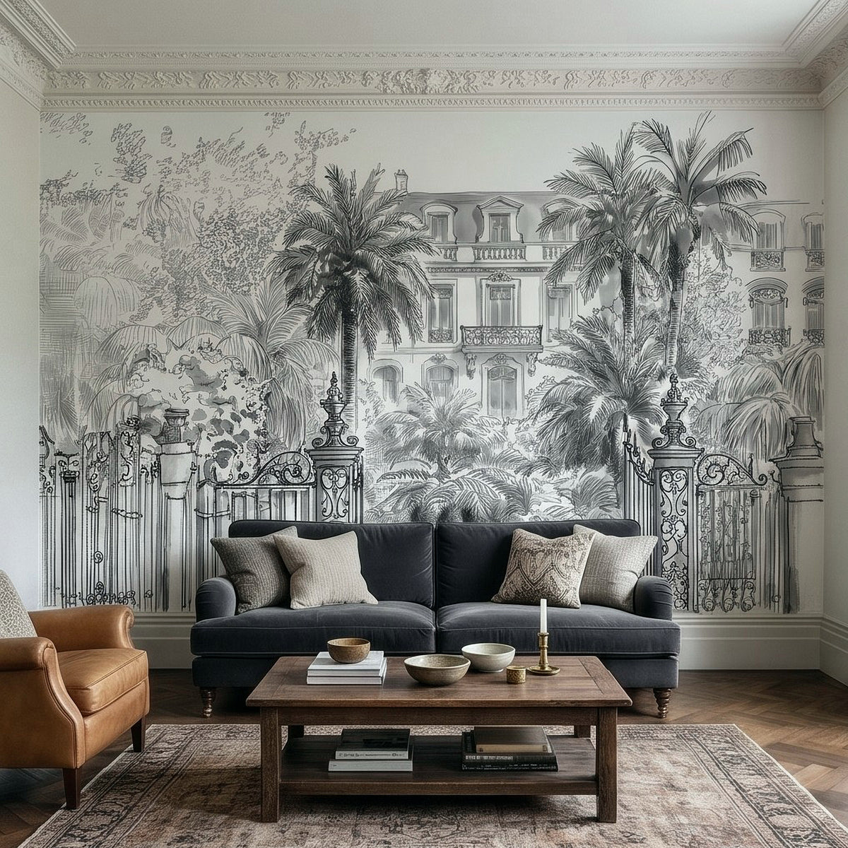 Black-and-white tropical wall mural with palm trees, villa buildings, and ornate iron fencing