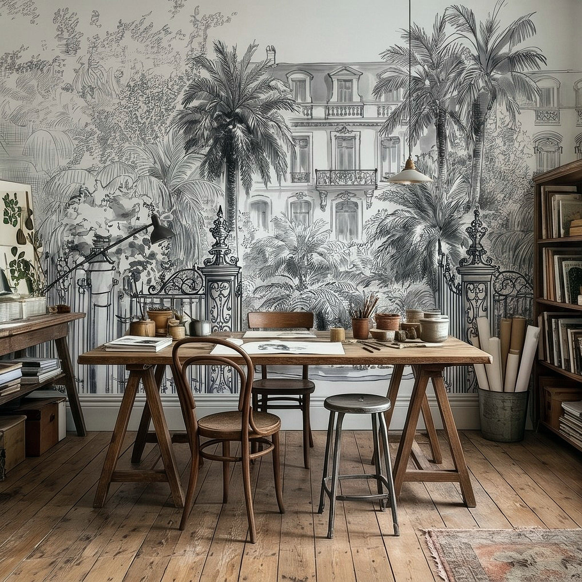 Black-and-white tropical wall mural with ornate gates, palm trees, and villa facade sketches