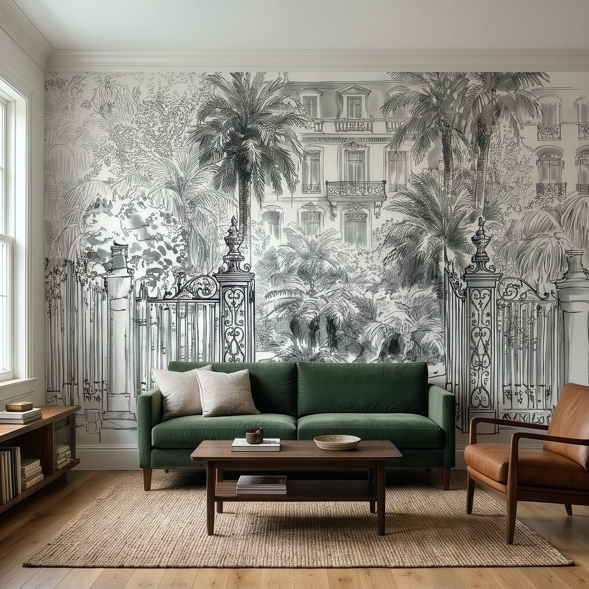 Black-and-white tropical wall mural with ornate iron gates and palm tree sketches