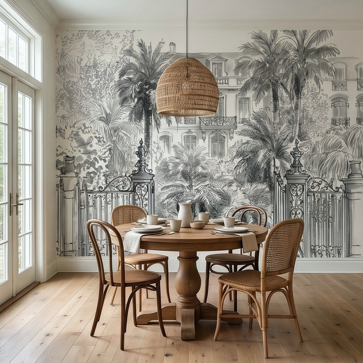 Black-and-white tropical wall mural with palm trees, ornate iron gate, and villa details