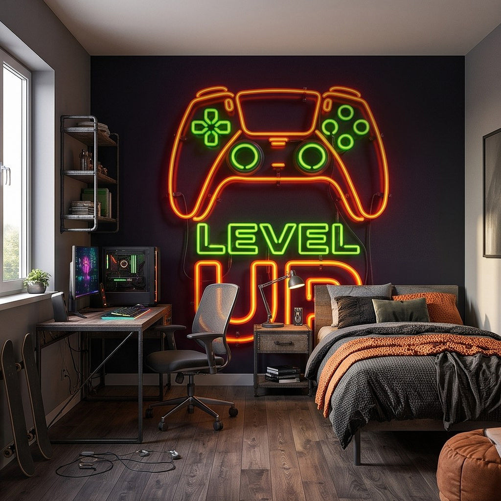 Level Up Gaming Neon Orange Green Glowing Controller Gamer Setup Arcade Sign Dark Background Esports Wall Mural