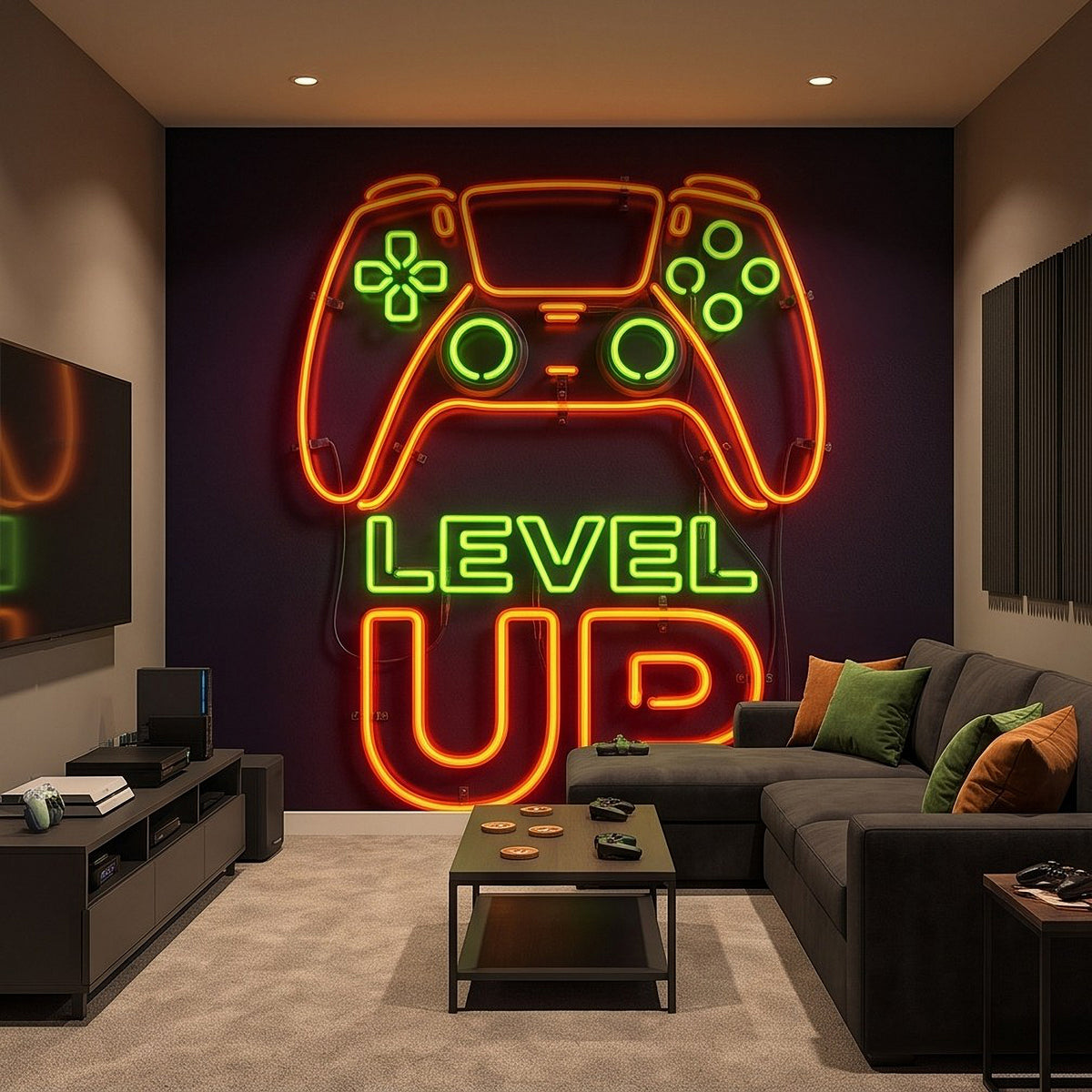 Level Up Gaming Neon Orange Green Glowing Controller Gamer Setup Arcade Sign Dark Background Esports Wall Mural